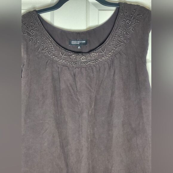 Jones New York 16 Brown SILK LINEN Embroidered Pockets Slvless Women Mini Dress - Picture 3 of 9